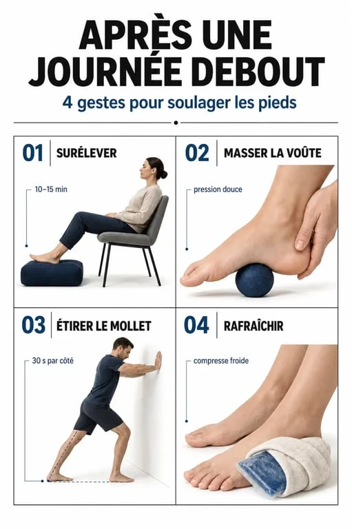 Comment soulager les pieds après une journée debout avec surélévation, massage et étirements