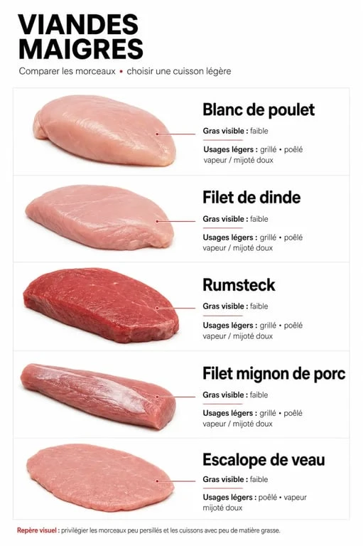 Infographie viande maigre : morceaux de volaille, bœuf, veau et porc à privilégier