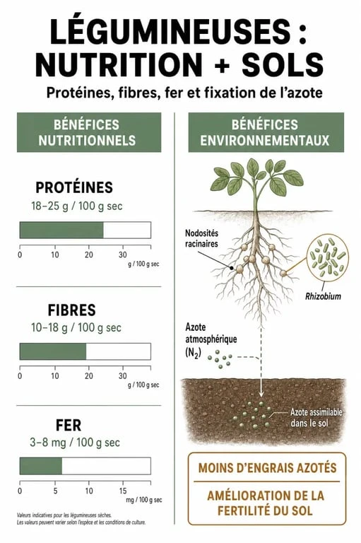 Infographie sur les bienfaits santé et environnementaux des légumineuses pour une alimentation durable