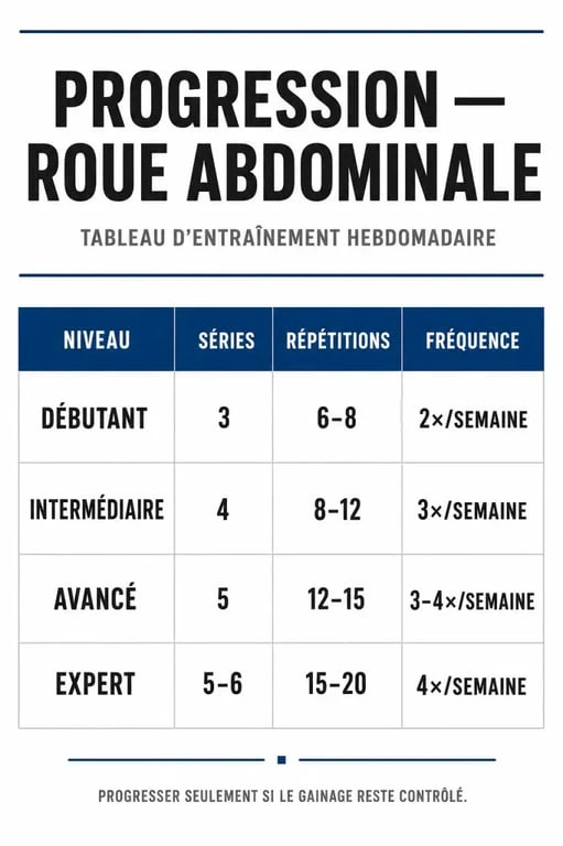 Infographie du programme d'entraînement à la roue abdominale : séries et répétitions selon le niveau