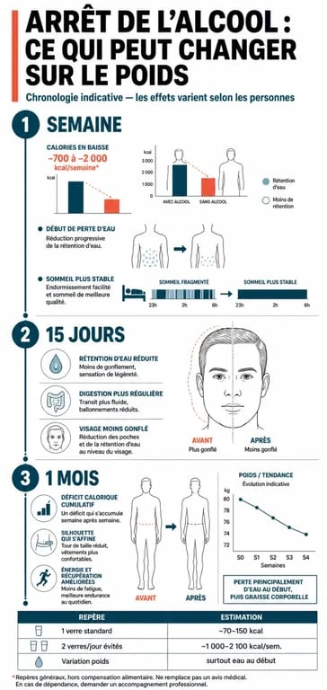 Infographie sur arret alcool et perte de poids avec repères à 1 semaine, 15 jours et 1 mois
