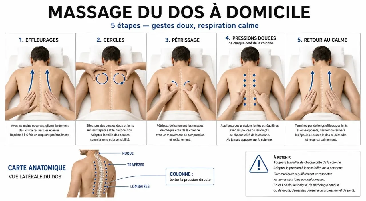 Technique de massage pour le dos : schéma des gestes et zones à masser
