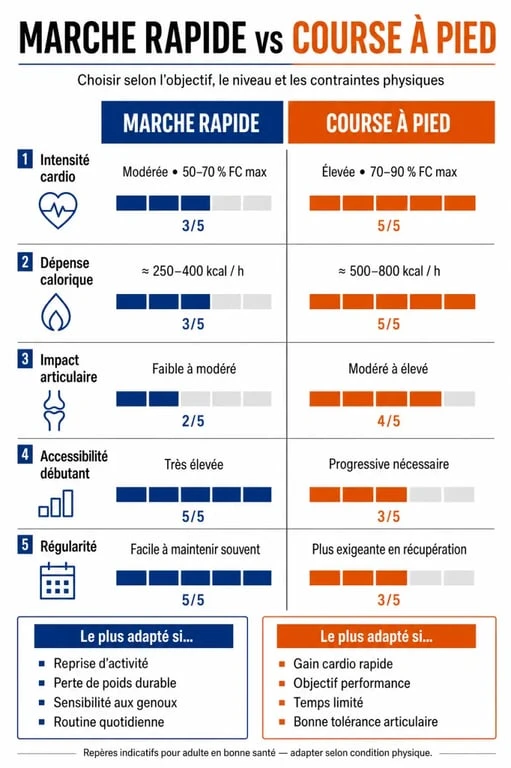 Marche rapide ou course : infographie comparative pour choisir l’activité la plus adaptée