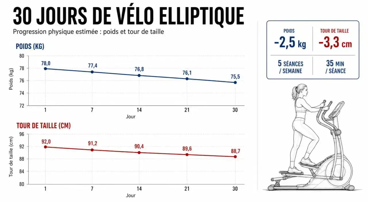 Infographie montrant les effets avant après du vélo elliptique sur 30 jours