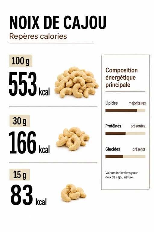 Noix de cajou calories : infographie nutritionnelle avec 553 kcal pour 100 g et repères de portion