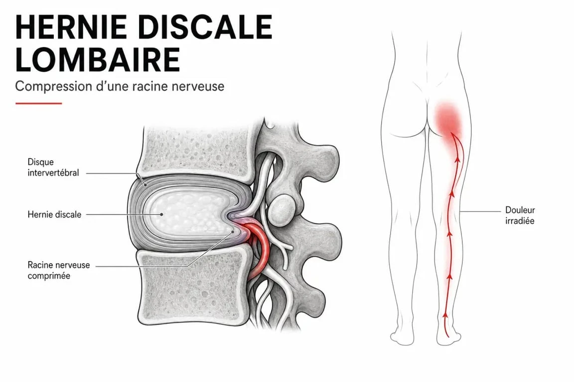 Diagnostique hernie discale : schéma du disque intervertébral comprimant une racine nerveuse dans le bas du dos