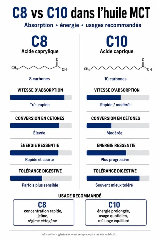Infographie comparative des acides gras C8 et C10 pour choisir la meilleure huile MCT