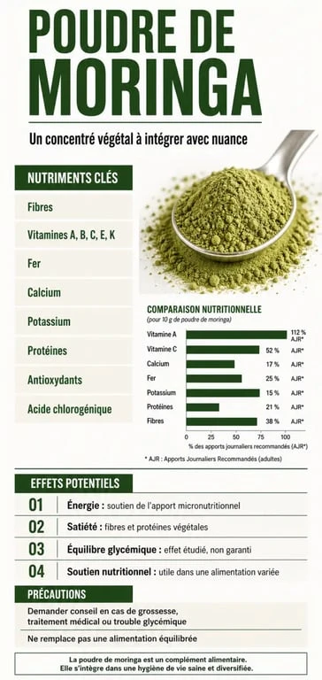 Infographie sur la poudre de moringa bienfait, nutriments et précautions d’usage