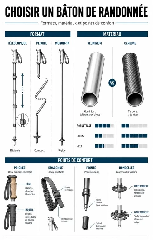 Comparatif visuel pour choisir un baton de randonnee selon le format, le matériau et le confort