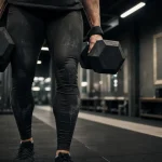 Farmer carry en salle de sport : haltères lourdes, dos neutre, épaules stables
