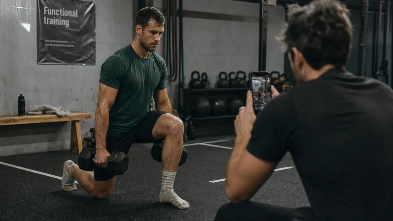 Fitness fonctionnel : fente avec haltères en salle de sport