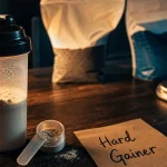 Shaker nutrimuscle gainer Hard Gainer sur table, poudre beige