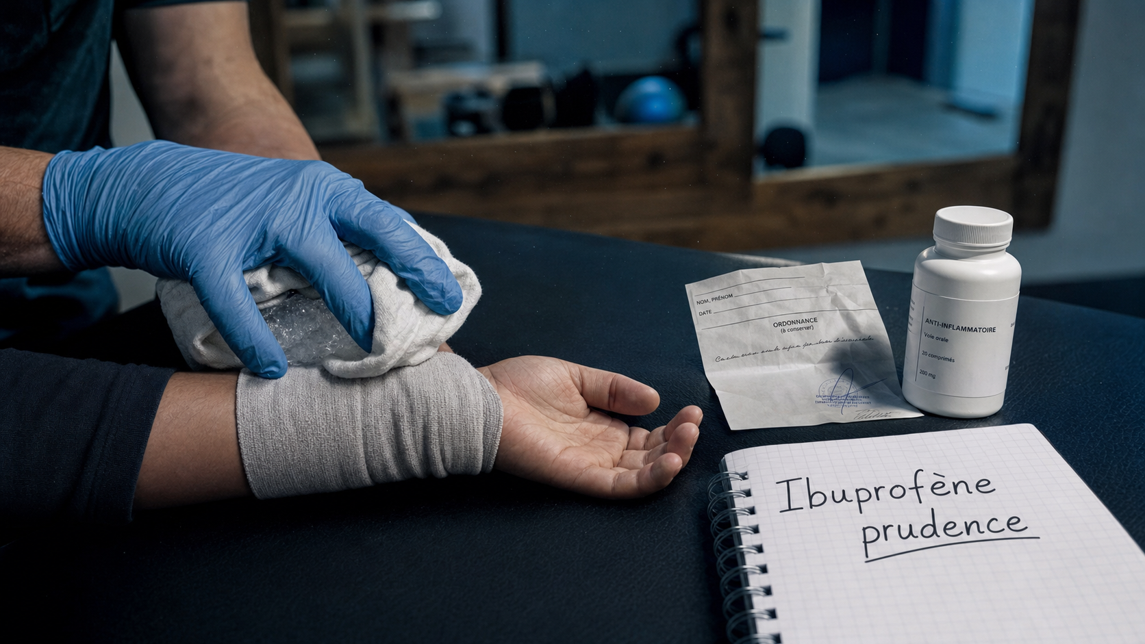 Ibuprofene tendinite : poche de glace et contention sur le tendon douloureux