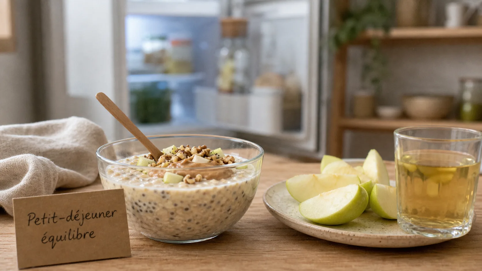 Idées de petit-déjeuner équilibré : porridge pomme-avoine, chia et pomme