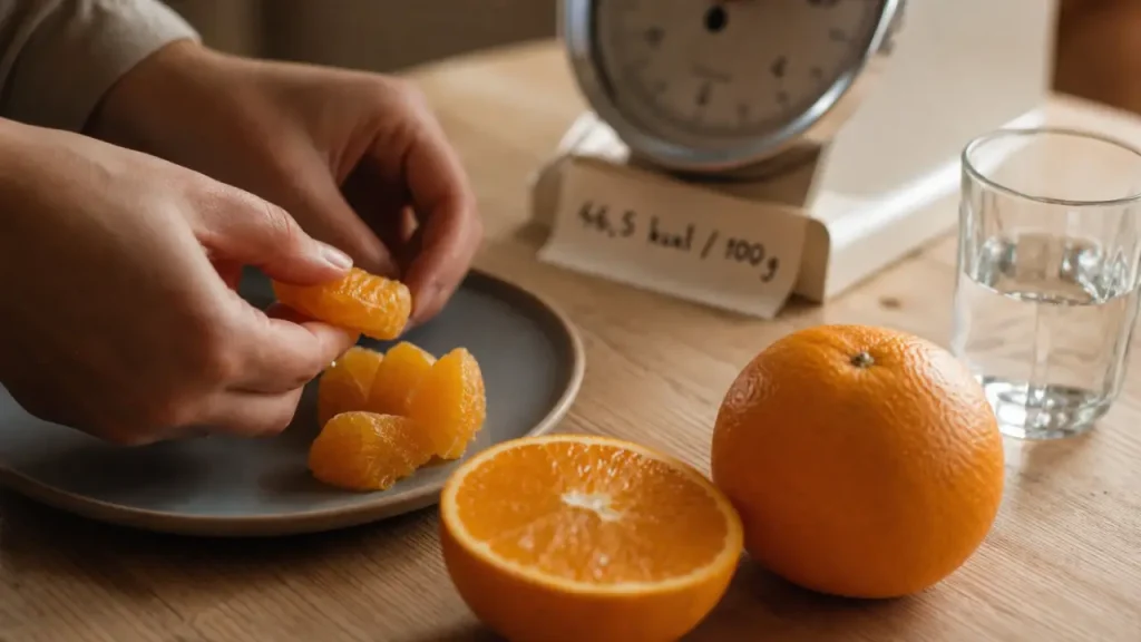 Orange : 46,5 kcal pour 100 g et environ 70 kcal par fruit