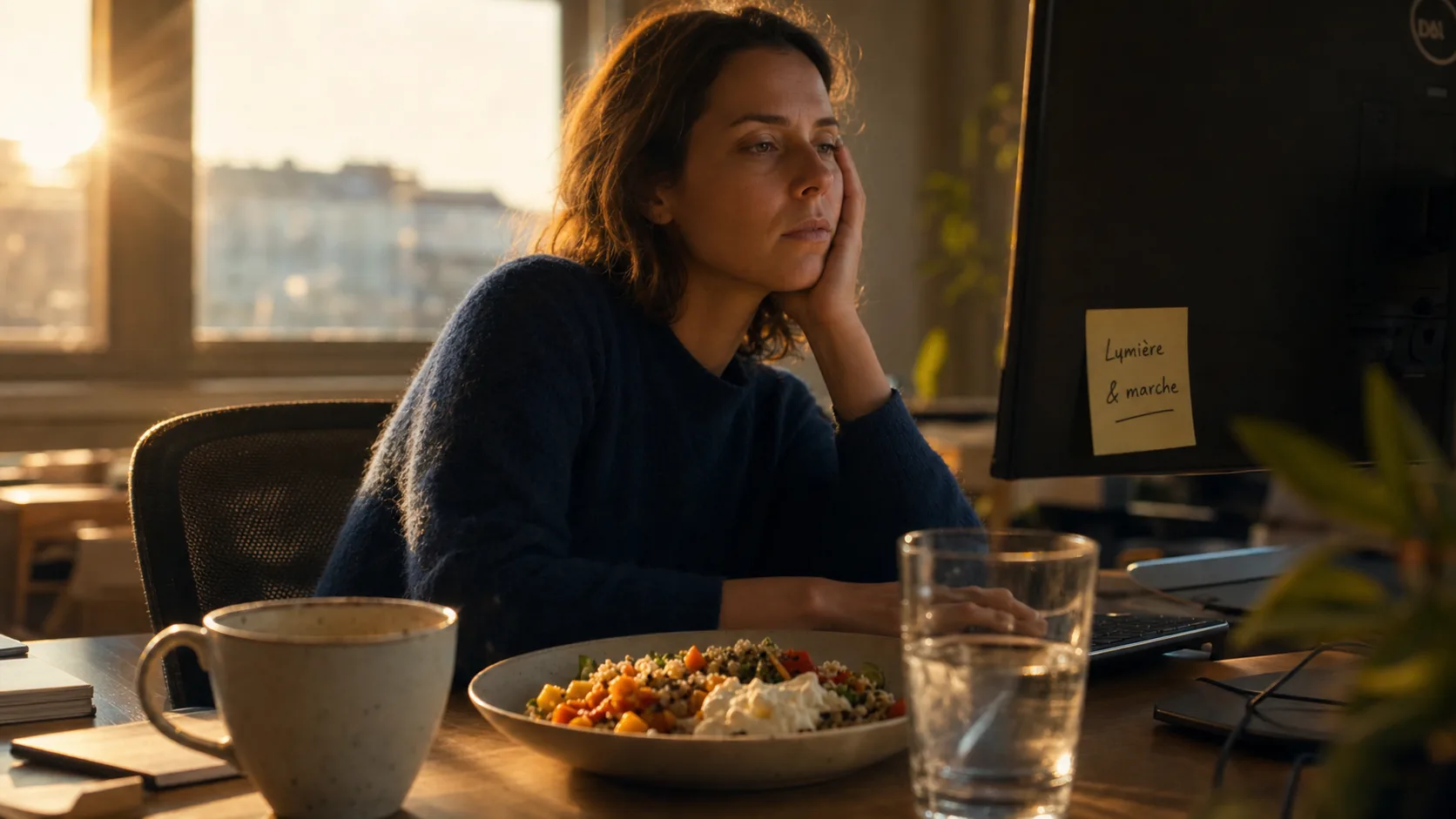 Lutter contre la fatigue de l'après-midi : bureau, marche, sieste courte et déjeuner léger