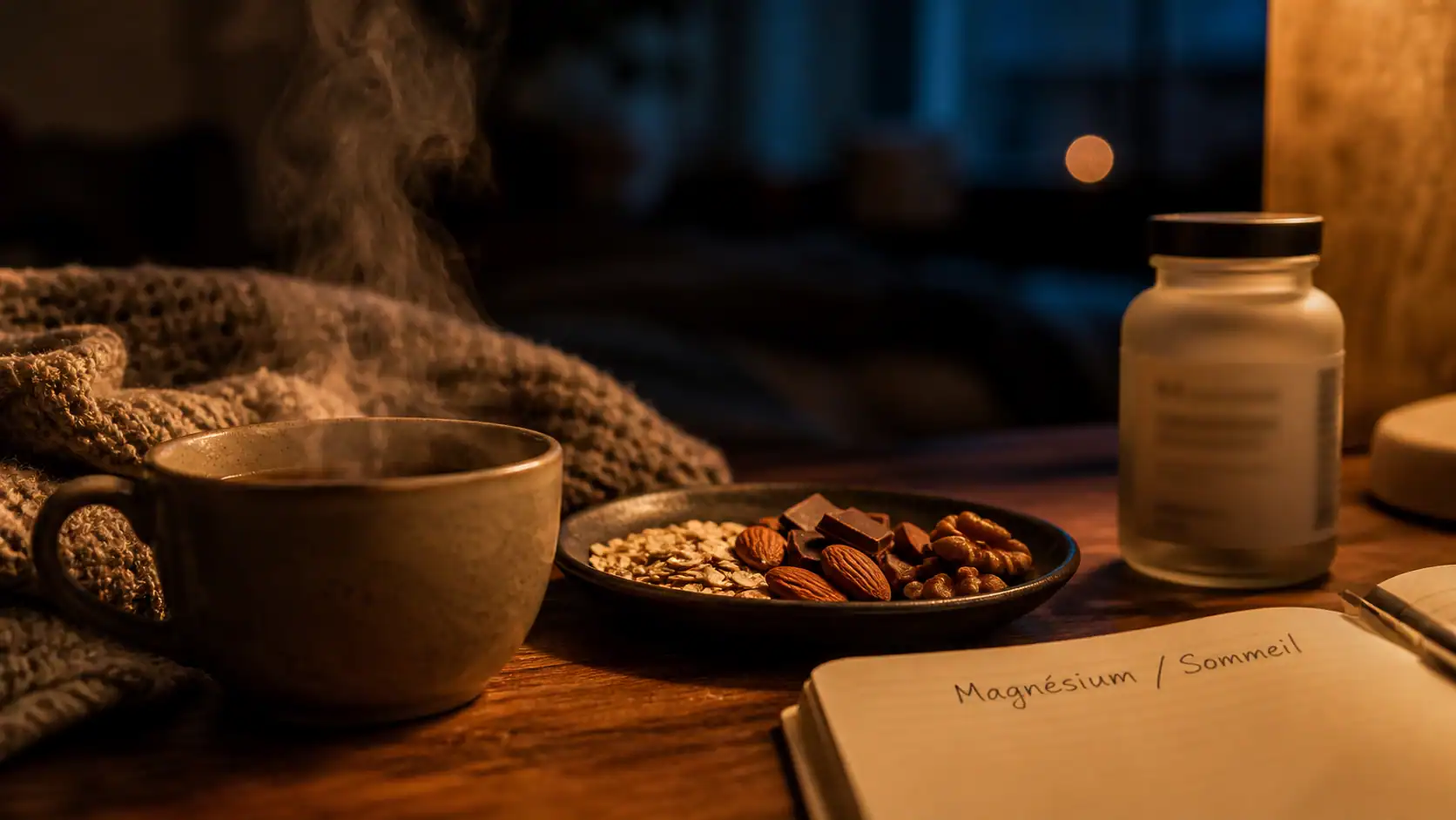 Magnésium et sommeil : tisane du soir, flacon de magnésium 300 mg