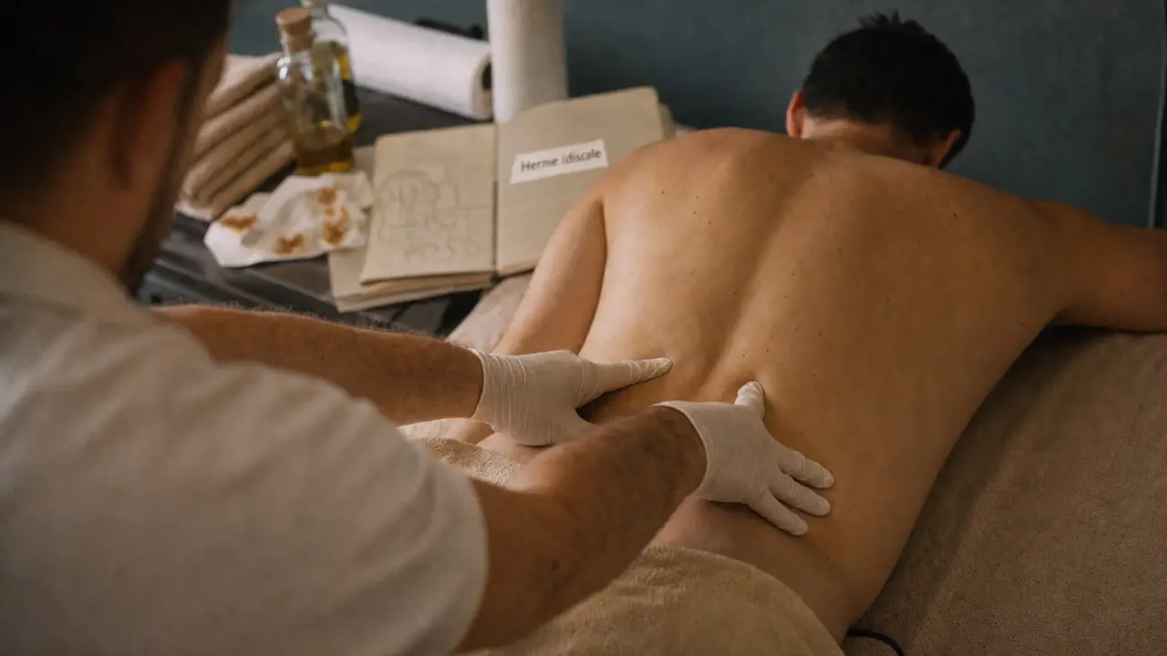 Massage hernie discale : praticien masse le bas du dos pour soulager la douleur