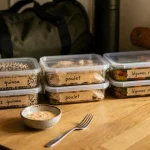 Meal prep sportif : boîtes hermétiques prêtes et étiquetées, vue table en bois