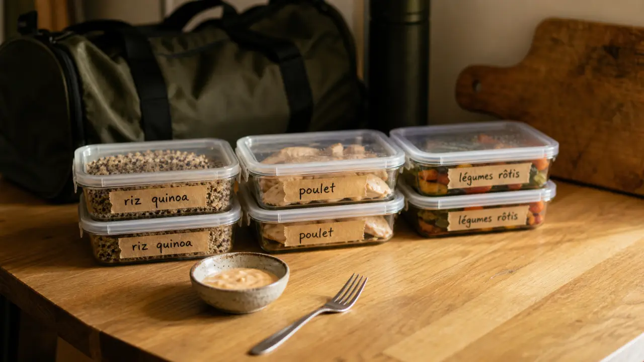 Meal prep sportif : boîtes hermétiques prêtes et étiquetées, vue table en bois