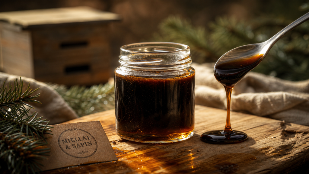 Miel de sapin bienfaits : pot de miel brun et filet sirupeux