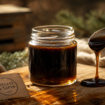 Miel de sapin bienfaits : pot de miel brun et filet sirupeux
