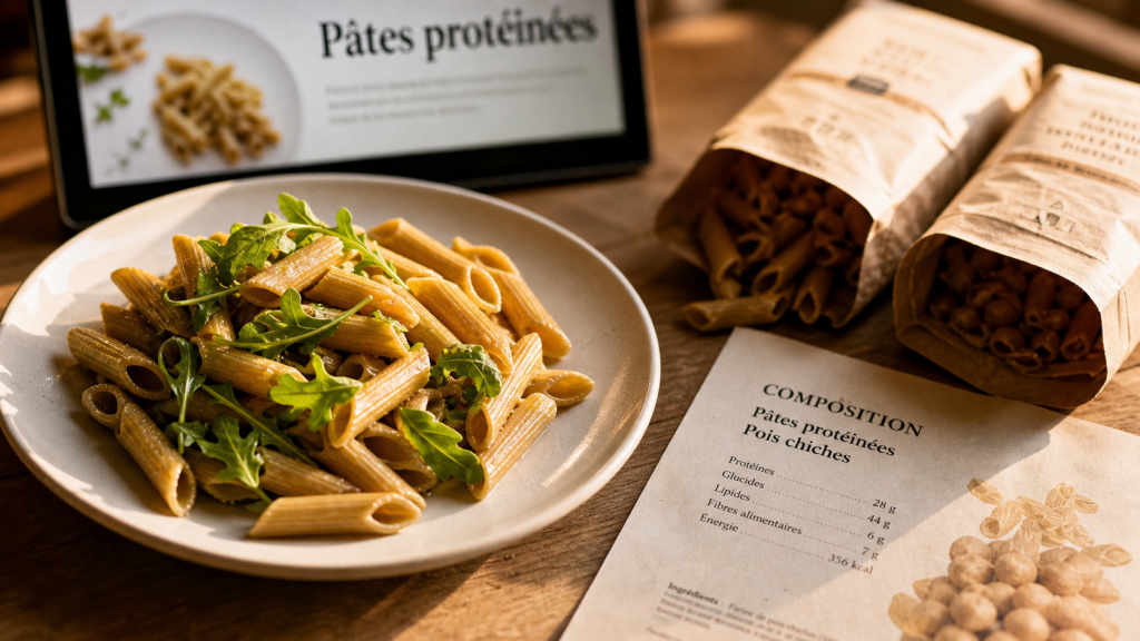 Pates proteine : assiette de pâtes protéinées aux pois chiches