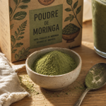 Poudre de moringa bienfait : bol de poudre verte de moringa sur table en bois