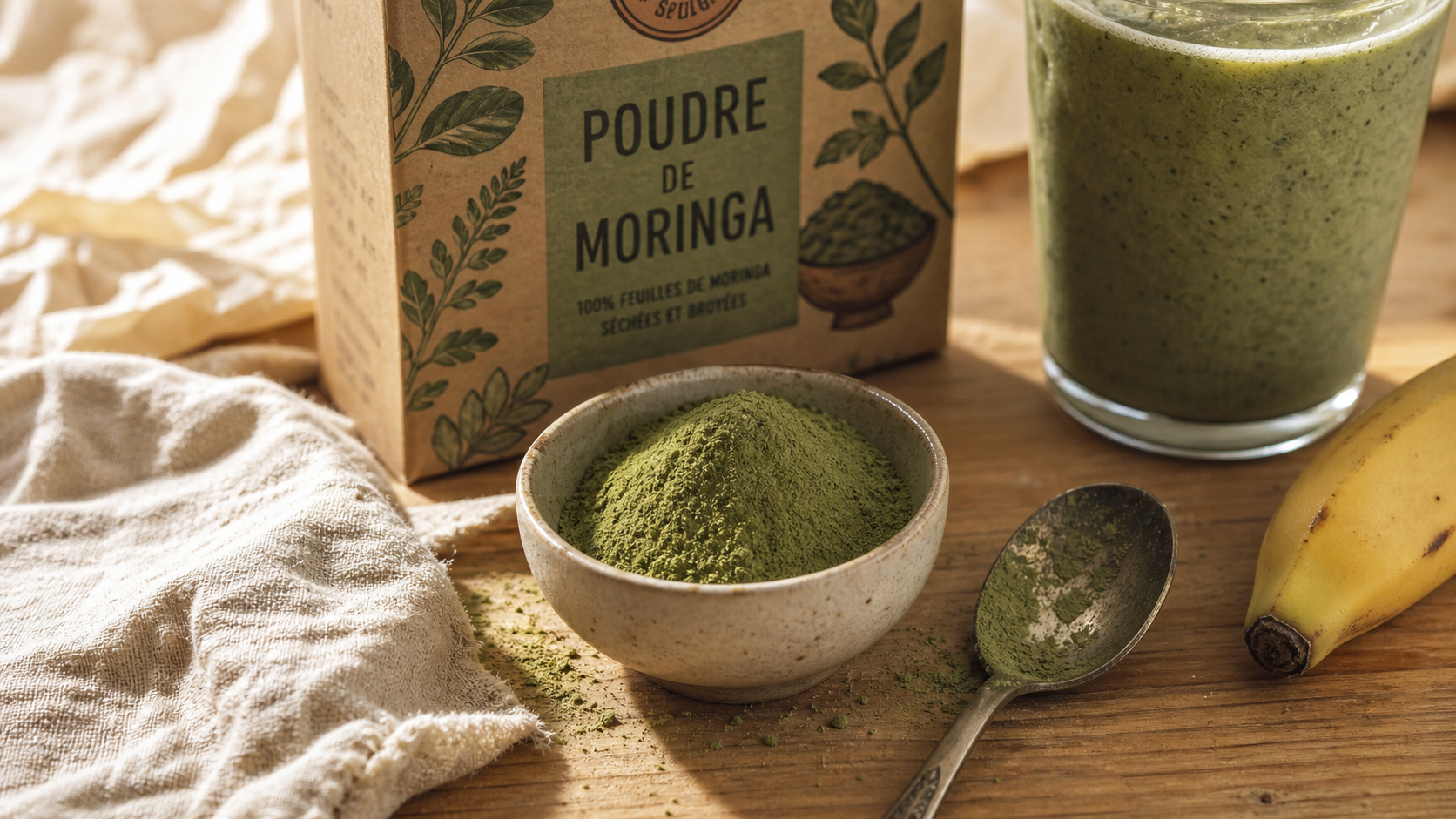 Poudre de moringa bienfait : bol de poudre verte de moringa sur table en bois