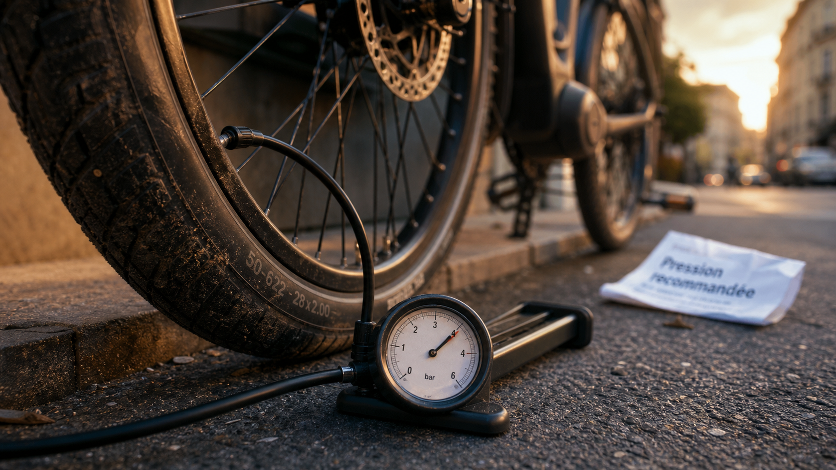 Pression pneu vélo électrique : manomètre lisible sur pneu à 4 bar