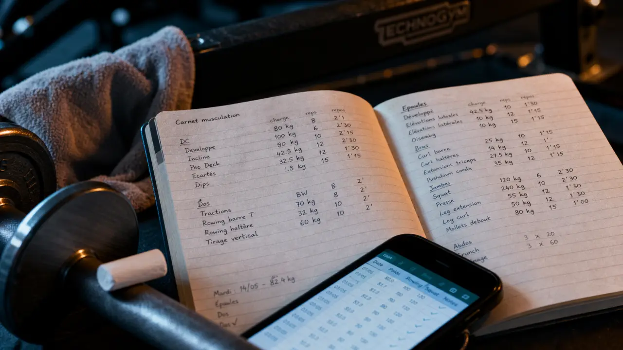 carnet d entrainement musculation papier avec chiffres, charges et reps