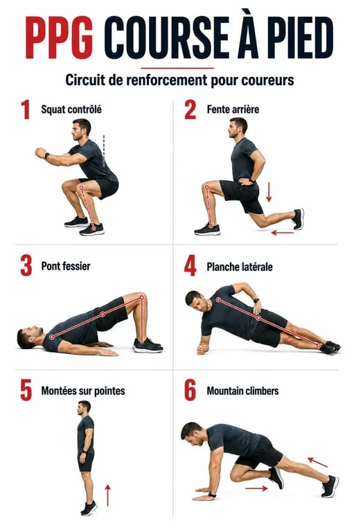 PPG course à pied : circuit d’exercices de renforcement pour coureurs avec squat, fente, gainage et mollets