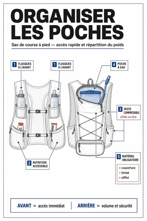 Organisation des poches d’un sac course a pied pour hydratation et matériel