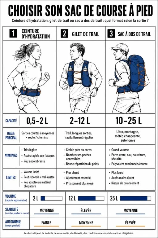 Comparatif des formats de sac course a pied entre ceinture, gilet de trail et sac à dos