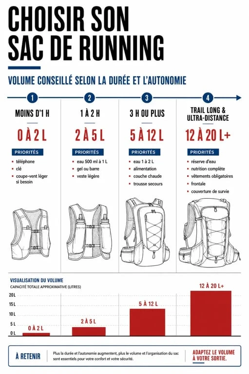Tableau de capacité pour choisir un sac course a pied selon la durée de sortie