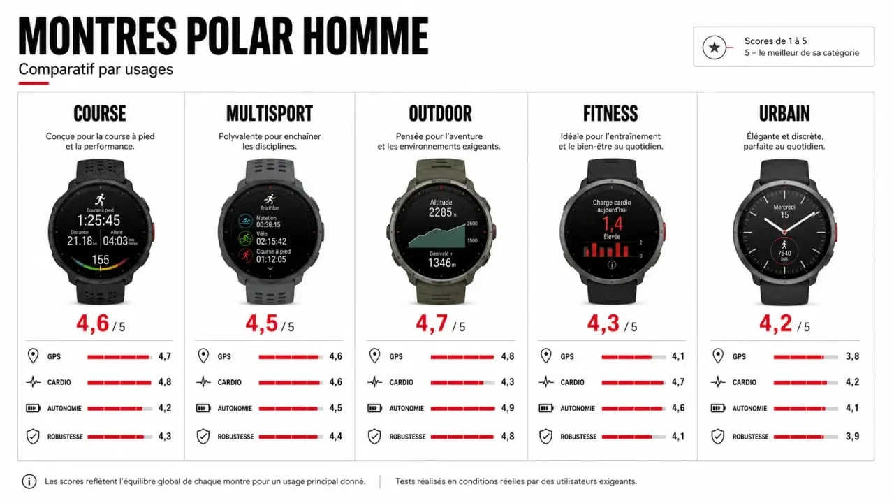 Montres Polar homme : comparaison visuelle des gammes running, outdoor, multisport et quotidien