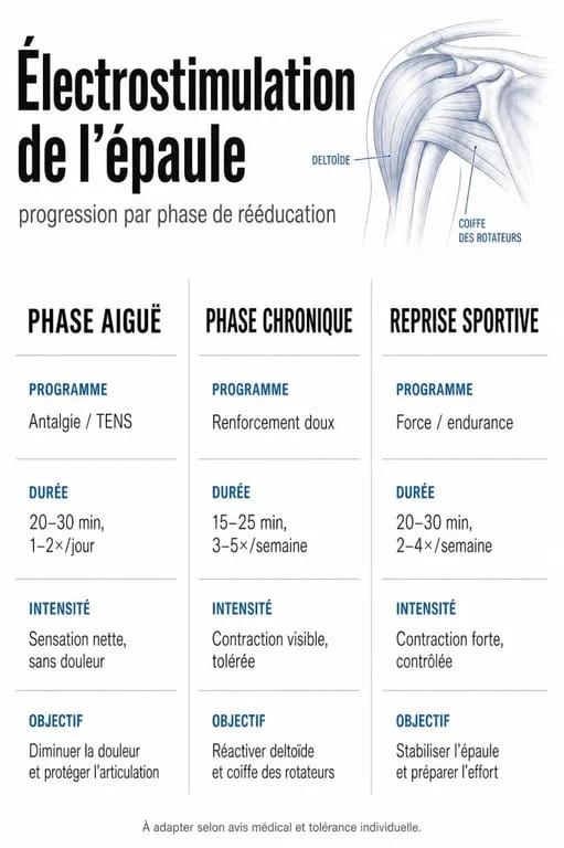 Guide visuel de l’électrostimulation tendinite épaule selon la phase aiguë, chronique ou reprise sportive