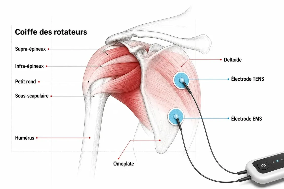 Schéma d’électrostimulation tendinite épaule avec placement des électrodes sur l’épaule