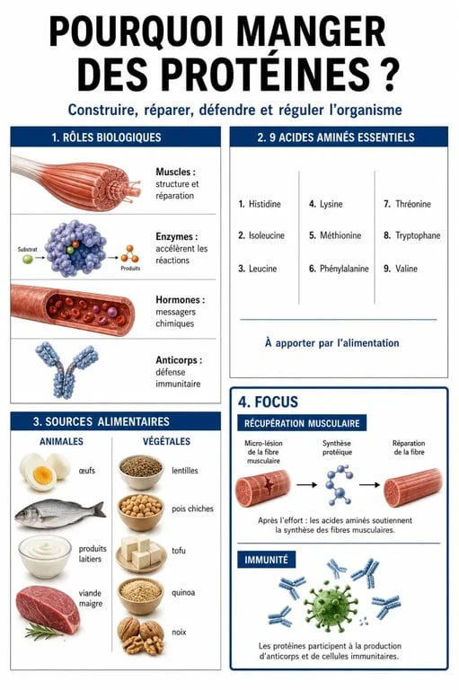 Pourquoi manger des protéines : infographie sur les rôles biologiques, les acides aminés essentiels, la récupération musculaire et les sources alimentaires