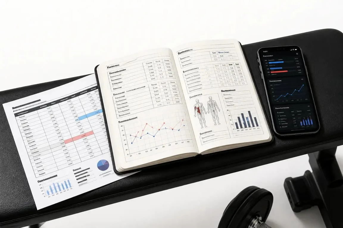 Carnet d entrainement musculation ouvert avec smartphone et tableur pour comparer les formats de suivi