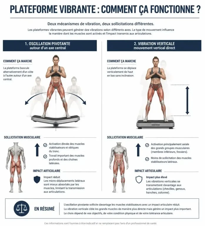 Schéma explicatif du fonctionnement et des bienfaits d'une plateforme vibrante pour la santé