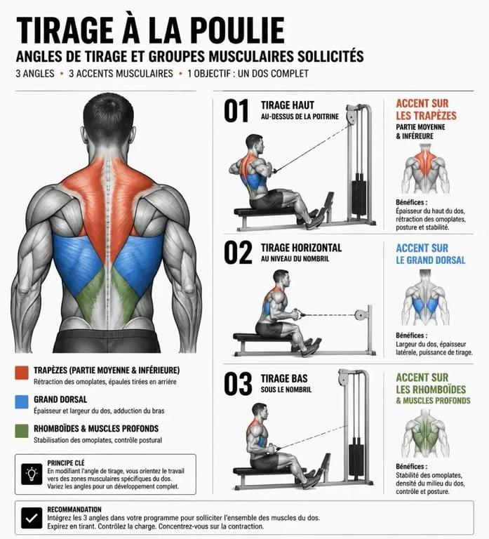 Schéma des muscles sollicités par les exercices de musculation à la poulie