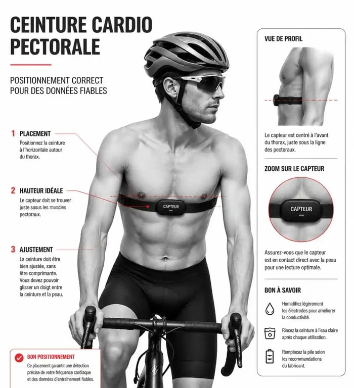 Positionnement correct de la ceinture cardio Bryton sur le thorax pour une mesure précise