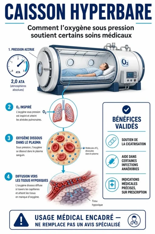 Les bienfaits du caisson hyperbare expliqués par une infographie sur la pression, l’oxygénation des tissus et la cicatrisation