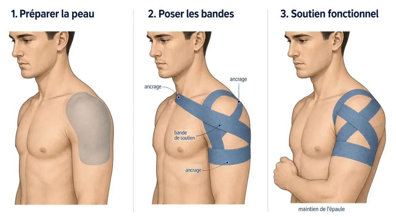 Strapping épaule tendinite : illustration pas à pas de la pose d’un taping sur l’épaule