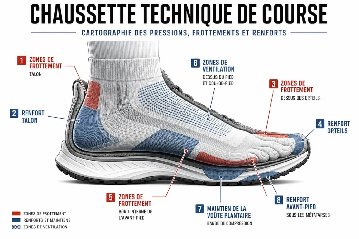Chaussettes course à pied : schéma des zones de frottement et des renforts