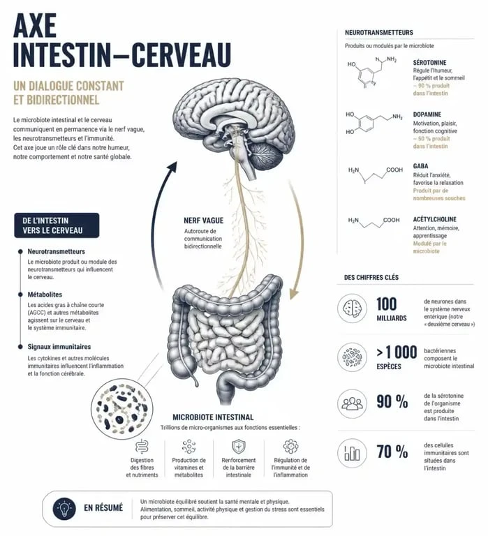Infographie expliquant l'axe intestin-cerveau et le rôle des compléments alimentaires sur la santé mentale
