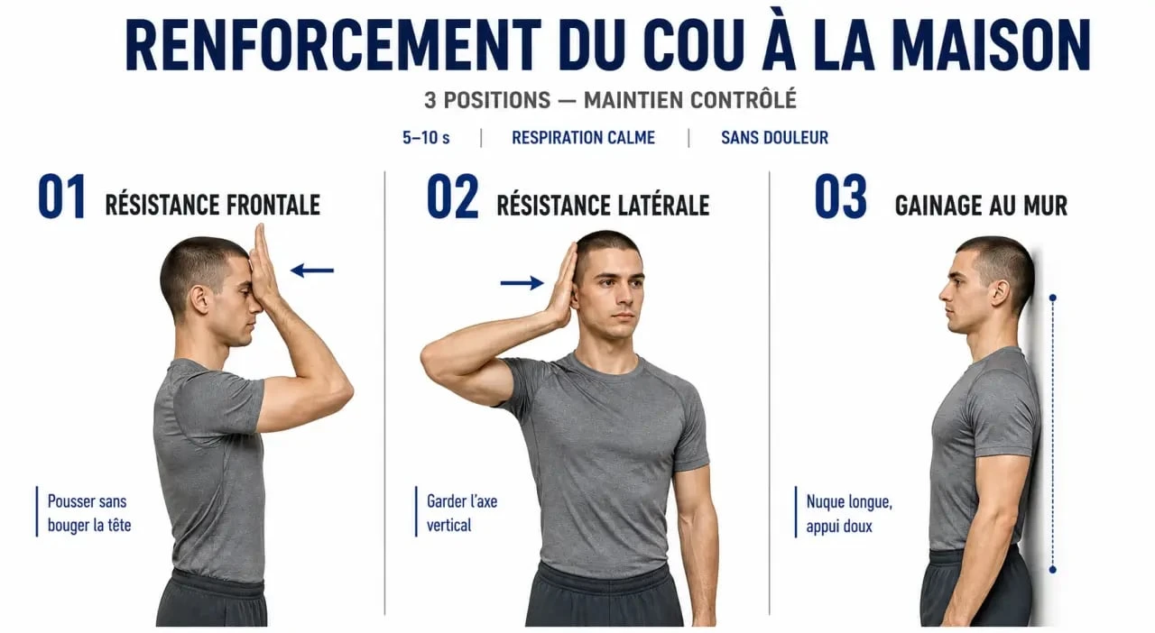 Exercices cou musculation à la maison : résistance manuelle et gainage de la nuque au mur
