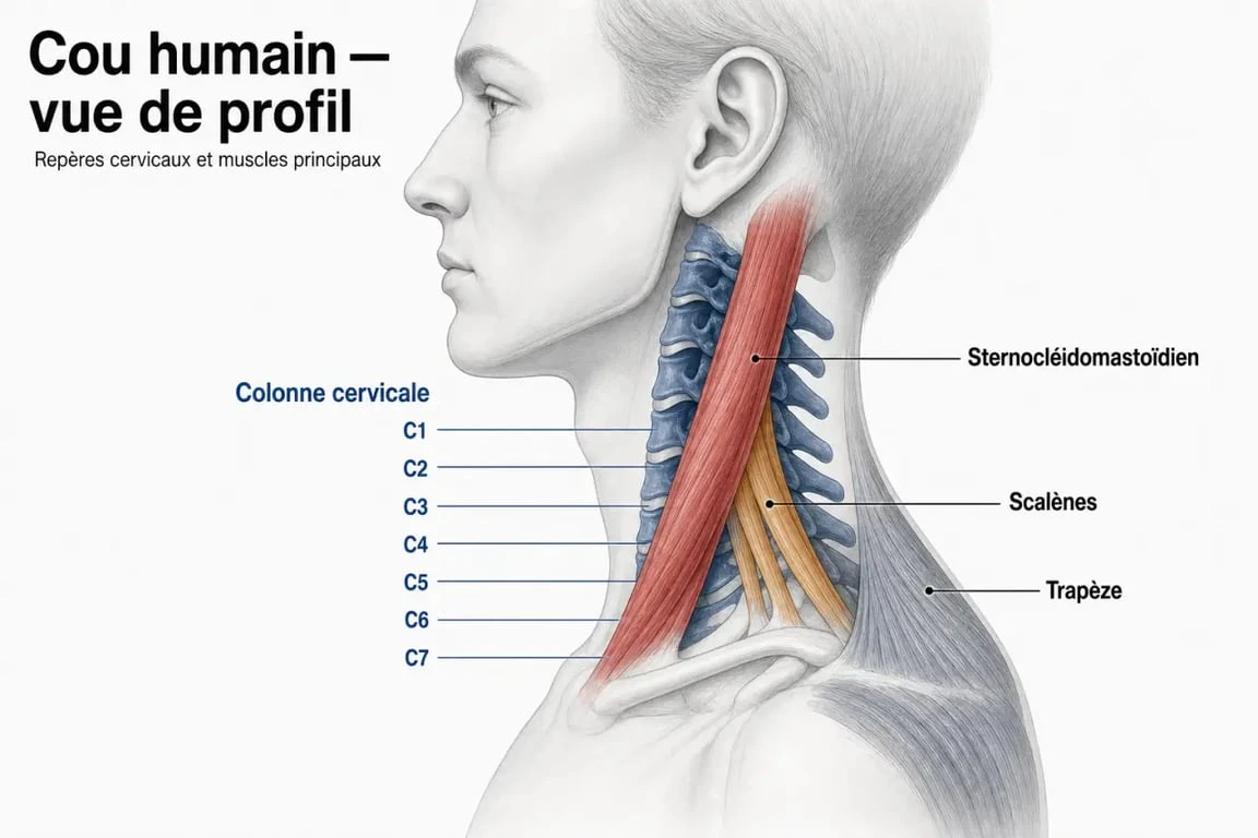 Schéma des exercices cou musculation : cervicales C1 à C7 et muscles du cou