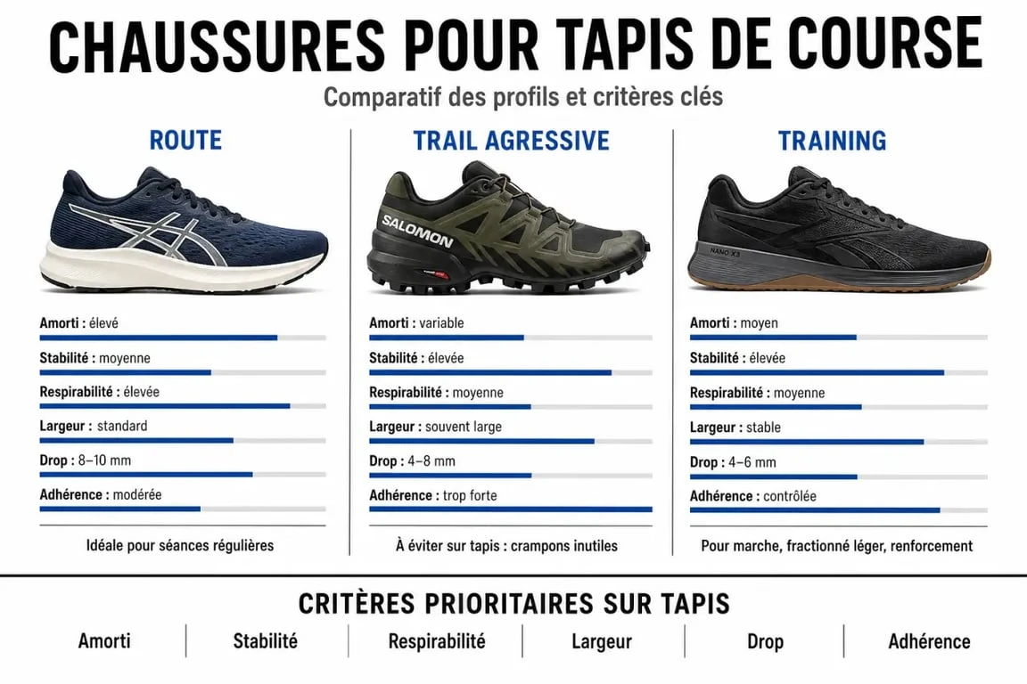 Chaussure tapis de course : comparaison visuelle entre running route, trail et training